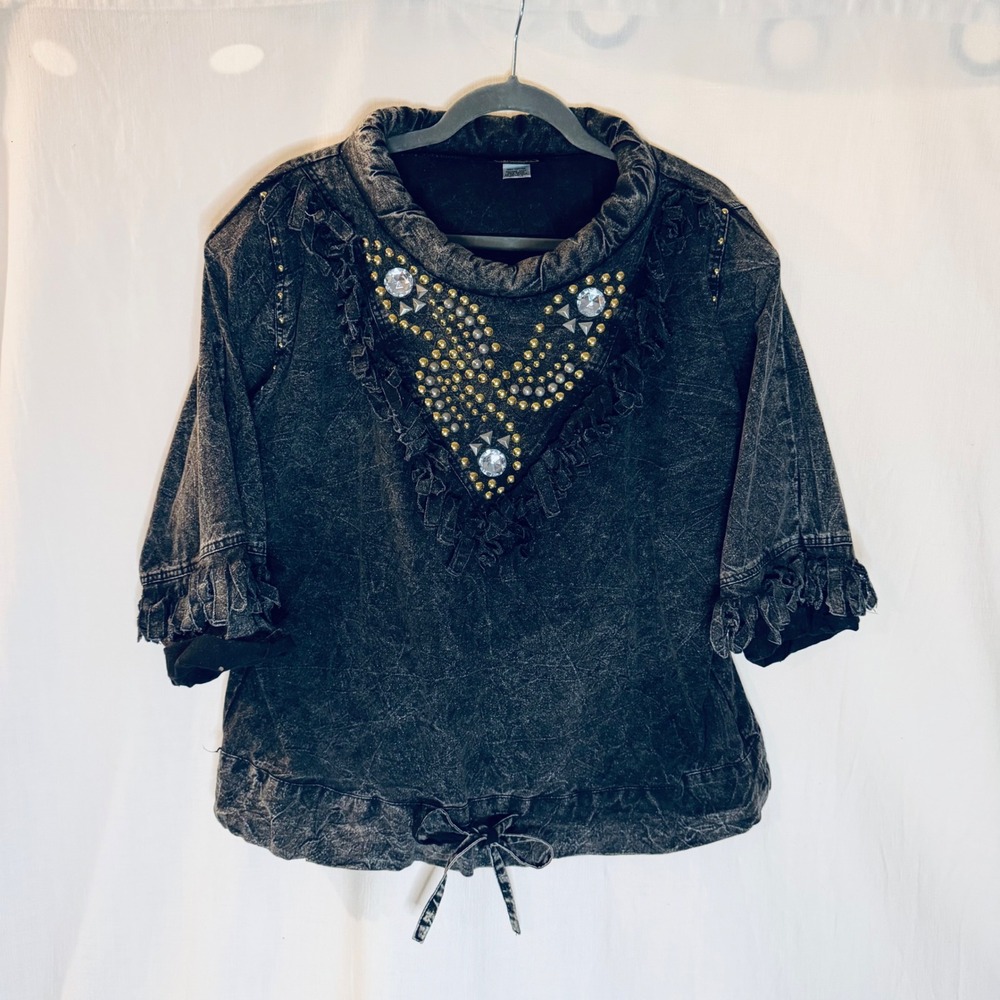 Mari-Lyn Inc Vintage Acid Wash Embellished Ruffle Top Studded Rhinestone Medium